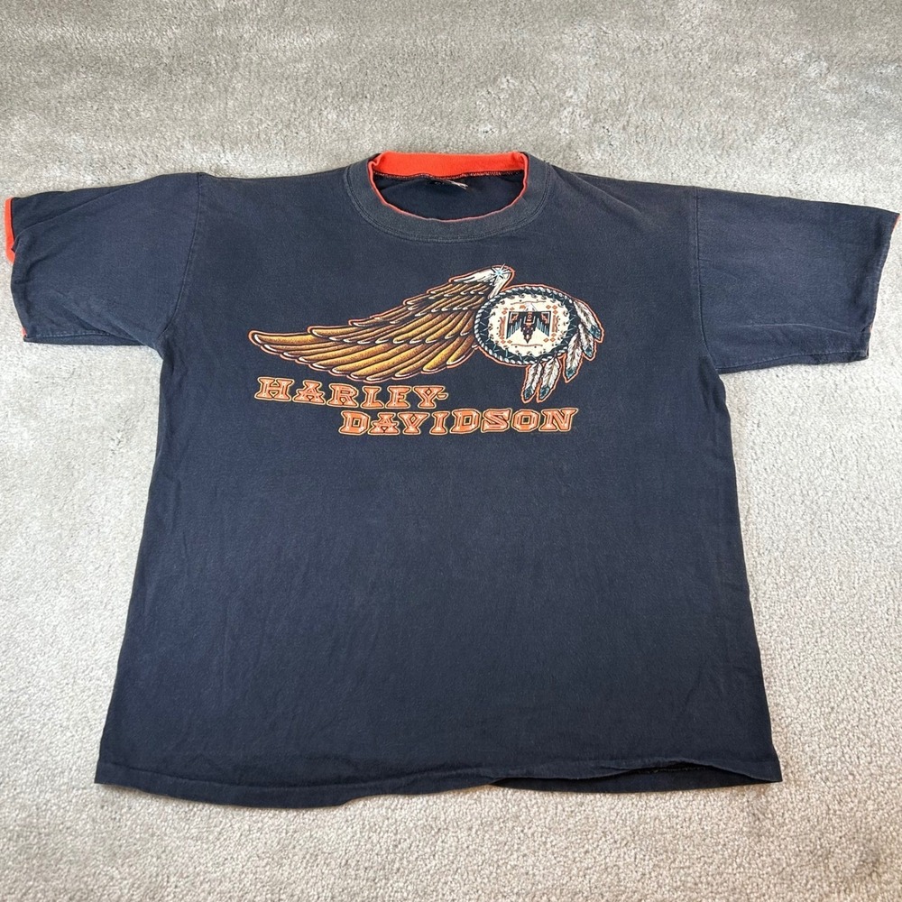 VTG Harley Davidson Mens Large Graphic T-Shirt Native Wing Eagle Print Black Tee